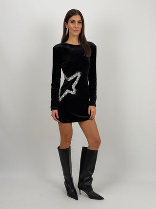 Abito Corto Nero in Velluto con Applicazioni