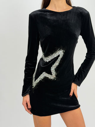 Abito Corto Nero in Velluto con Applicazioni