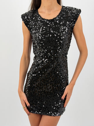 Abito Corto con Spalline e Paillettes Nero