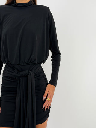 Abito Corto con Drappeggio Nero Lumina