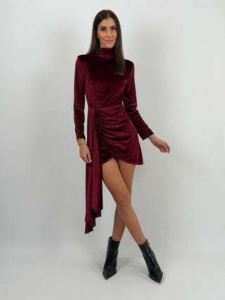 Abito Corto con Drappeggio Bordeaux