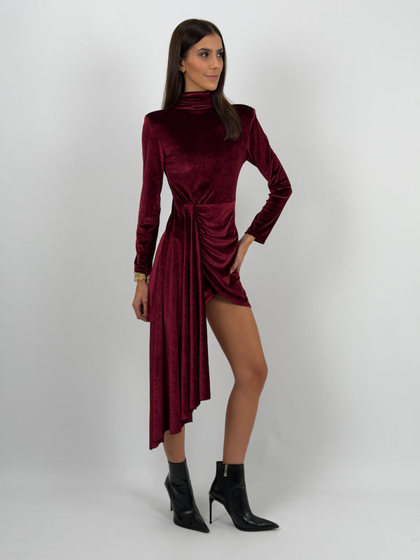 Abito Corto con Drappeggio Bordeaux