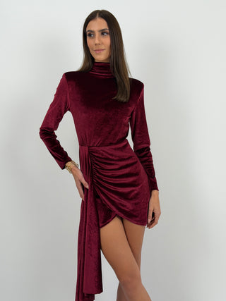 Abito Corto con Drappeggio Bordeaux