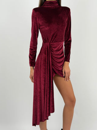 Abito Corto con Drappeggio Bordeaux