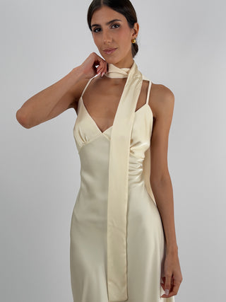 Abito Lungo in Satin con Foulard Avorio