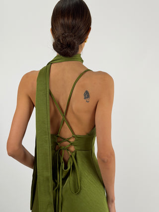 Abito Lungo in Satin con Foulard Verde Oliva