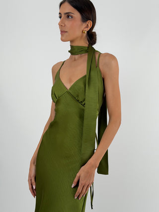 Abito Lungo in Satin con Foulard Verde Oliva