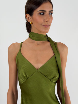 Abito Lungo in Satin con Foulard Verde Oliva