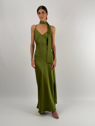 Abito Lungo in Satin con Foulard Verde Oliva