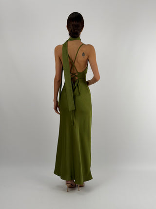 Abito Lungo in Satin con Foulard Verde Oliva