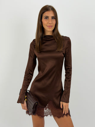 Abito Lumina in Satin con Pizzo Marrone