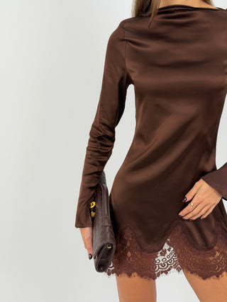 Abito Lumina in Satin con Pizzo Marrone