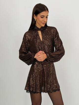 Abito Lumina Corto con Paillettes Marrone