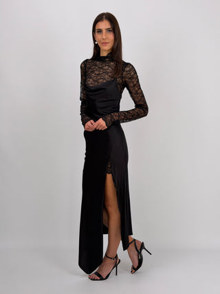 Abito Lumina Lungo Due Pezzi con Pizzo e Satin Nero
