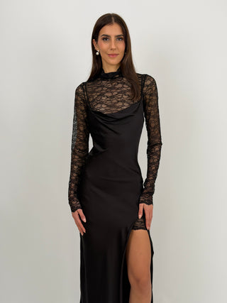Abito Lumina Lungo Due Pezzi con Pizzo e Satin Nero