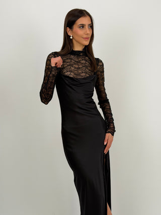 Abito Lumina Lungo Due Pezzi con Pizzo e Satin Nero