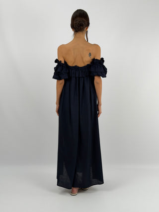 Abito con Volant Off-Shoulder Blu Lumina