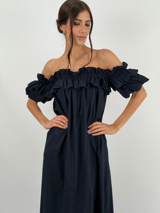 Abito con Volant Off-Shoulder Blu Lumina