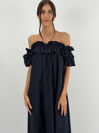 Abito con Volant Off-Shoulder Blu Lumina