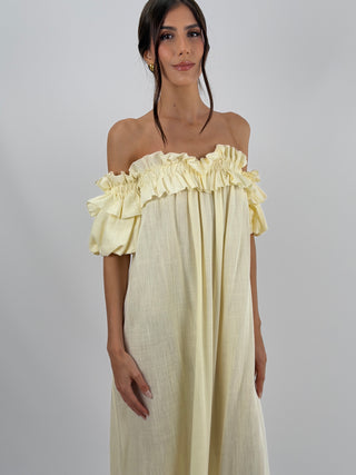 Abito con Volant Off-Shoulder Crema Lumina