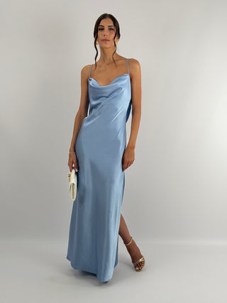 Abito Satin Schiena Scoperta Azzurro Polvere