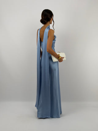 Abito Lungo Satin con Foulard Azzurro Polvere