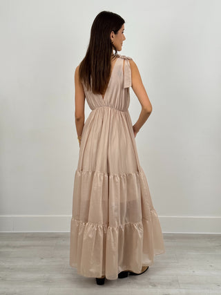 Abito Lungo con Balze e Scollo a V Beige