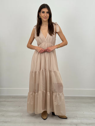 Abito Lungo con Balze e Scollo a V Beige
