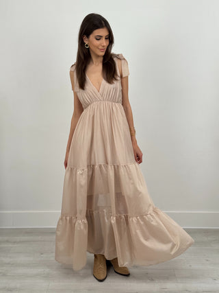 Abito Lungo con Balze e Scollo a V Beige