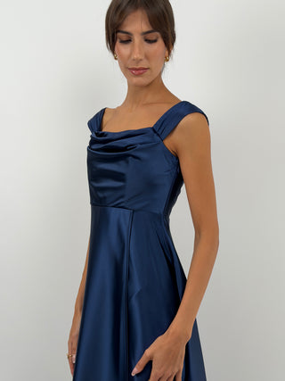 Abito Lungo con Spacco e Spalline Blu