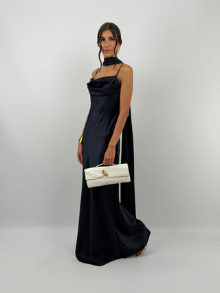 Abito Lungo Satin con Foulard Blu