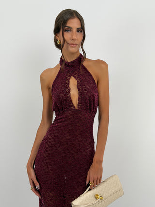 Abito in Pizzo Bordeaux con Volant