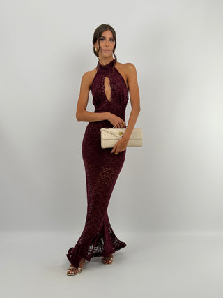 Abito in Pizzo Bordeaux con Volant