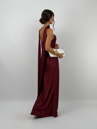 Abito Lungo Satin con Foulard Bordeaux