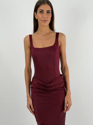 Abito Lungo con Gonna Satin Burgundy