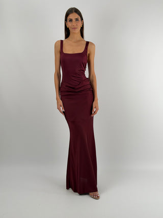Abito Lungo con Gonna Satin Burgundy