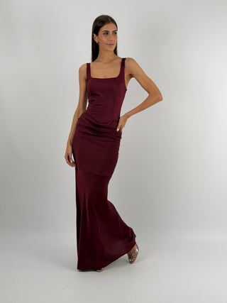 Abito Lungo con Gonna Satin Burgundy