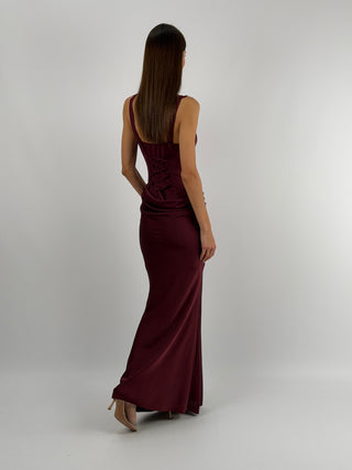 Abito Lungo con Gonna Satin Burgundy