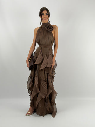 Abito in Chiffon con Volant Marrone