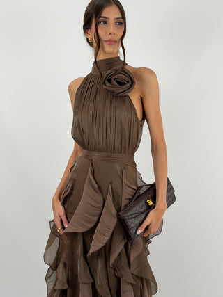 Abito in Chiffon con Volant Marrone