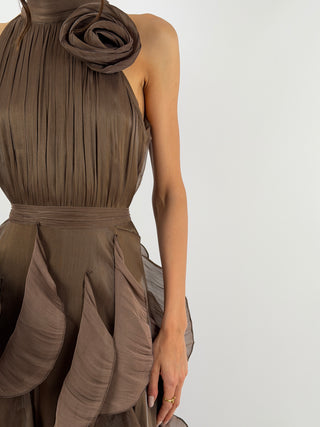 Abito in Chiffon con Volant Marrone