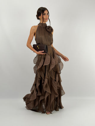 Abito in Chiffon con Volant Marrone