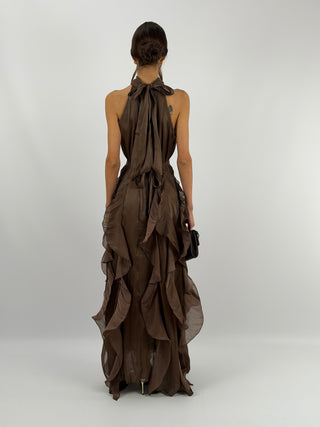 Abito in Chiffon con Volant Marrone