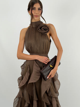 Abito in Chiffon con Volant Marrone