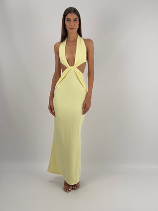 Abito Lungo con Cut Out Giallo - Abito lungo giallo in tessuto elasticizzato, con cut out laterale e scollo a V. | Paloma Store
