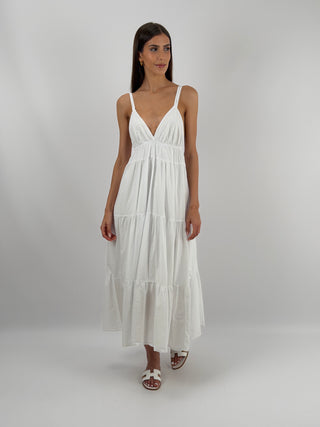 Abito Lungo in Cotone Bianco a balze, con scollo a V e spalline sottili e regolabili | Paloma Store