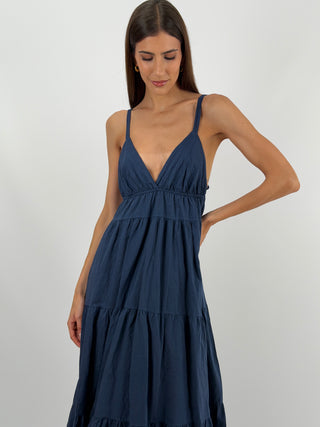 Abito Lungo in Cotone Blu