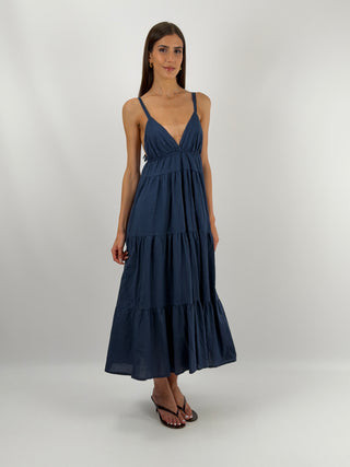 Abito Lungo in Cotone Blu a balze, con scollo a V e spalline sottili e regolabili | Paloma Store