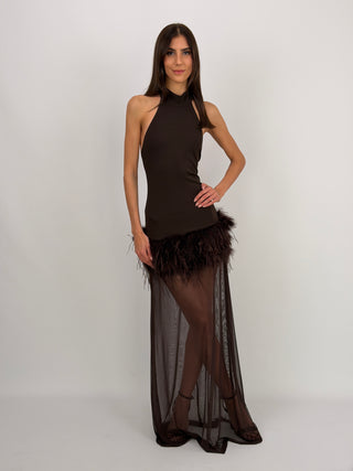 Abito Lumina Combinato con Piume Marrone