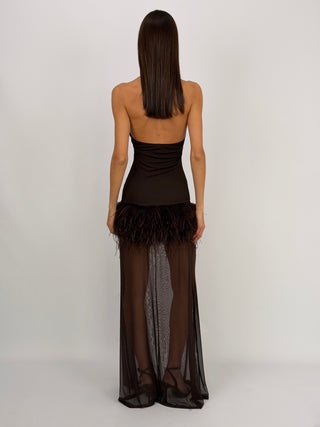 Abito Lumina Combinato con Piume Marrone